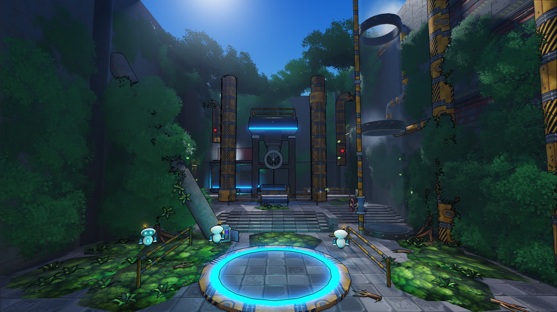 An overgrown industrial courtyard: rusted yellow pillars and pipes wrapped in vines, a glowing blue teleport pad in front, and small white helper robots standing nearby.