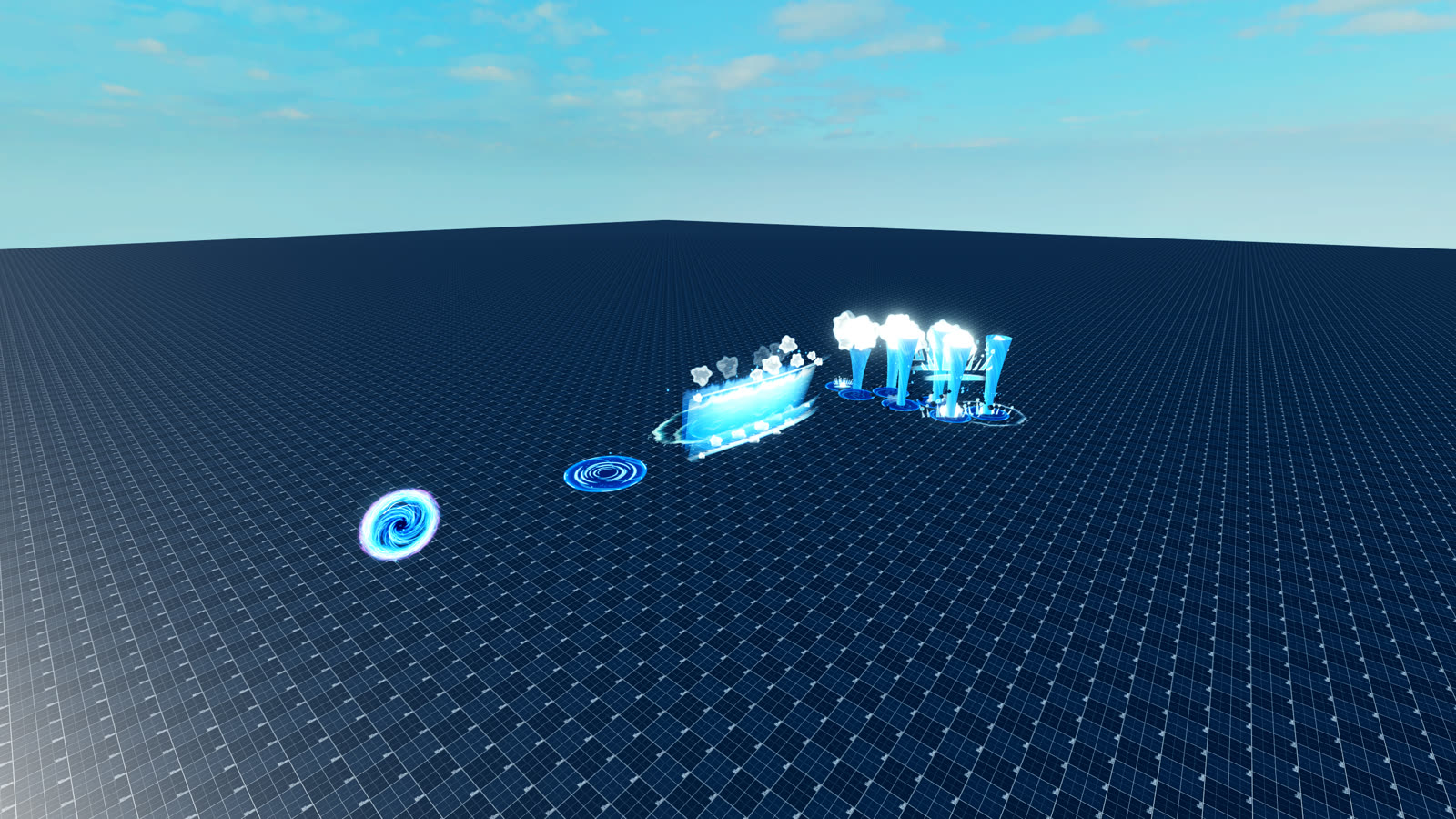 Water ability effects lined up on a test baseplate: a swirling vortex, a ripple, a breaking wave and a row of geysers.