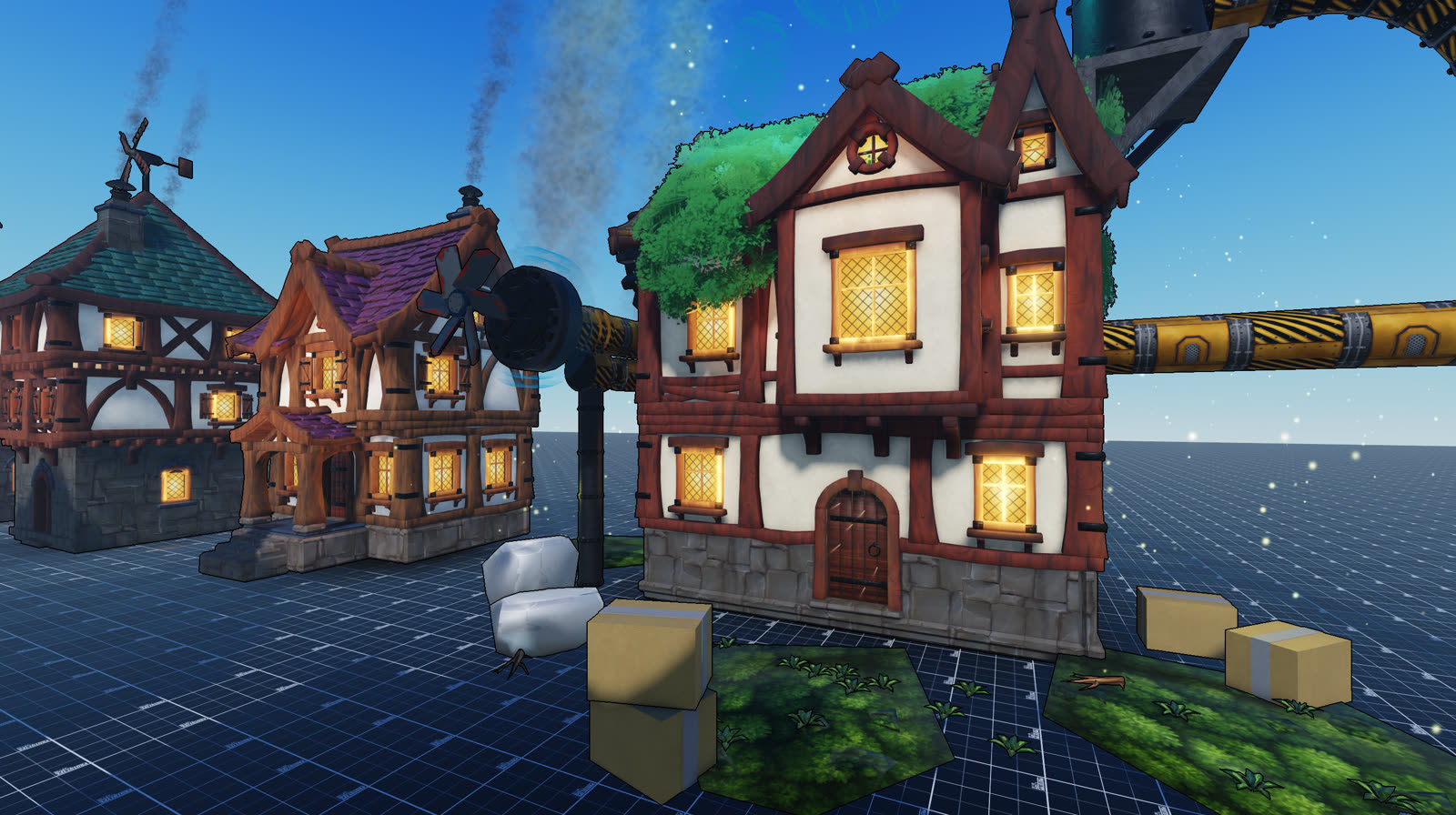 Three timber-framed houses with glowing windows and mossy roofs, with a large fan and yellow industrial pipes running between them.